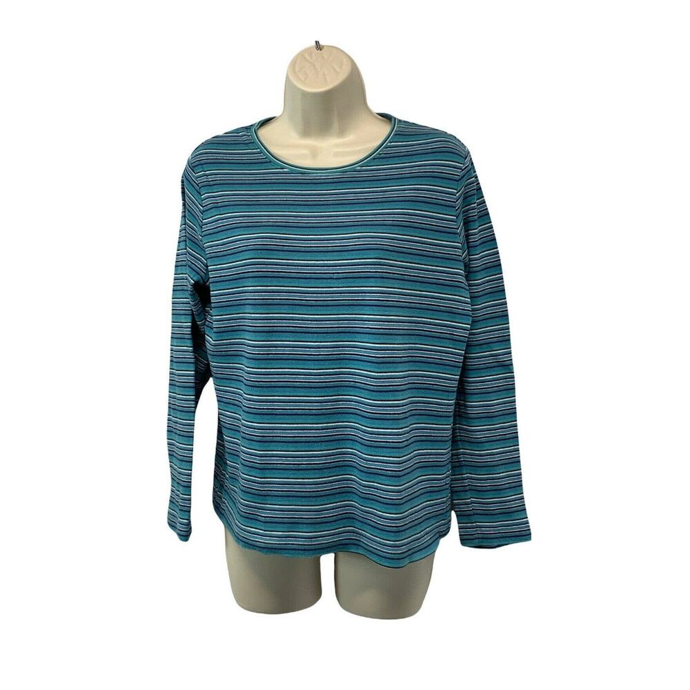 White Stag Womens Long Sleeve Shirt Size Small Striped Blue Crew Neck